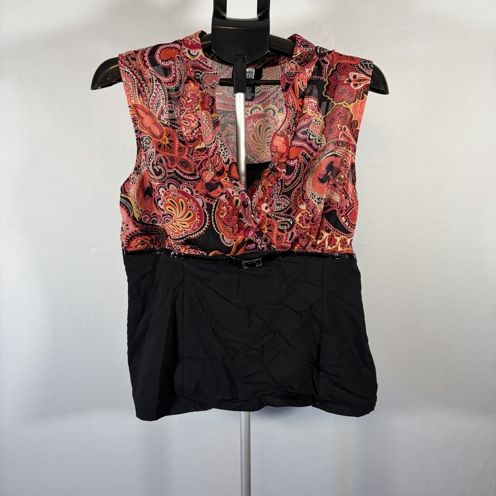 Womens XL Paisley Orange Pink Tank Top Babydoll Belt Y2K Workwear V Neck VTG